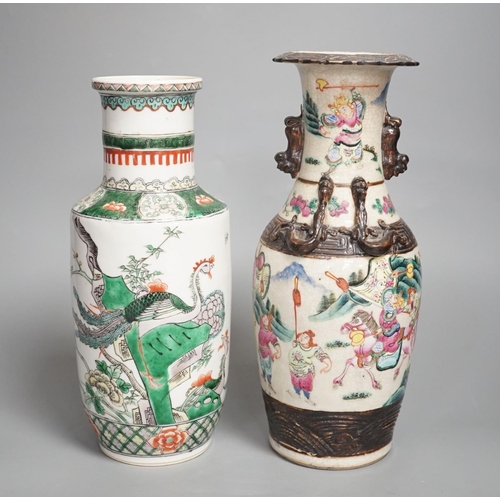 1346 - A Chinese crackle glaze ‘warriors’ vase and a Chinese famille verte ‘phoenix’ vase, both early 20th ... 