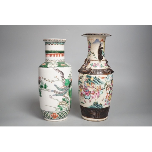 1346 - A Chinese crackle glaze ‘warriors’ vase and a Chinese famille verte ‘phoenix’ vase, both early 20th ... 