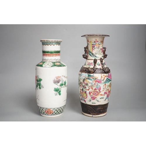 1346 - A Chinese crackle glaze ‘warriors’ vase and a Chinese famille verte ‘phoenix’ vase, both early 20th ... 