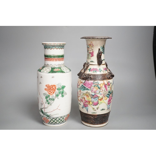 1346 - A Chinese crackle glaze ‘warriors’ vase and a Chinese famille verte ‘phoenix’ vase, both early 20th ... 