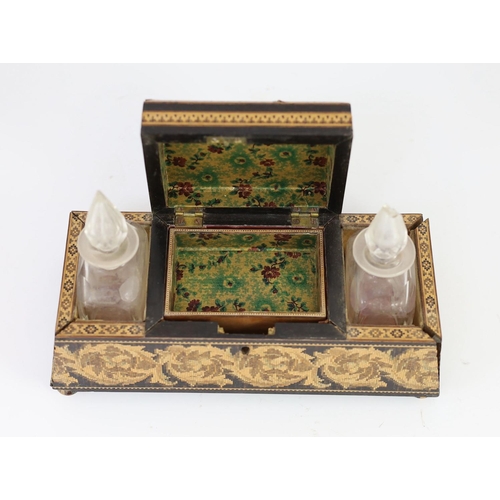 1347 - A 19th century rosewood and Tunbridgeware dressing table stand,fitted with a pair of cut glass scent... 