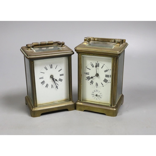 1348 - A French brass carriage timepiece with alarm and a French brass carriage timepiece,Tallest 11.5 cms ... 