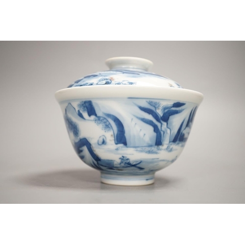 1352 - A Chinese underglaze blue and copper red bowl and cover, with hallmark,  9.5 cms high including cove... 