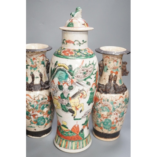 1357 - A pair of Chinese crackle glaze vases, a similar vase and cover, and another, late 19th/early 20th c... 