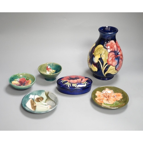 1358 - A Moorcroft vase, a similar box, 2 dishes and  2 bowls,Vase 29 cms high.