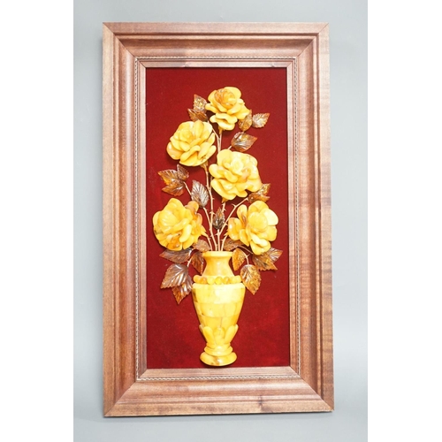 1363 - A carved amber panel from the Hermitage Museum shop, St Petersburg, roses in a vase. 49x39cm includi... 