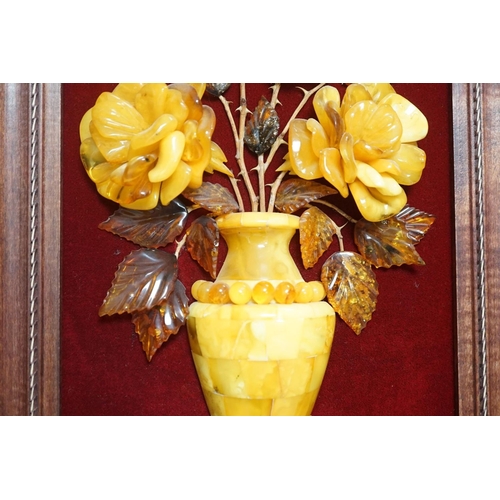 1363 - A carved amber panel from the Hermitage Museum shop, St Petersburg, roses in a vase. 49x39cm includi... 