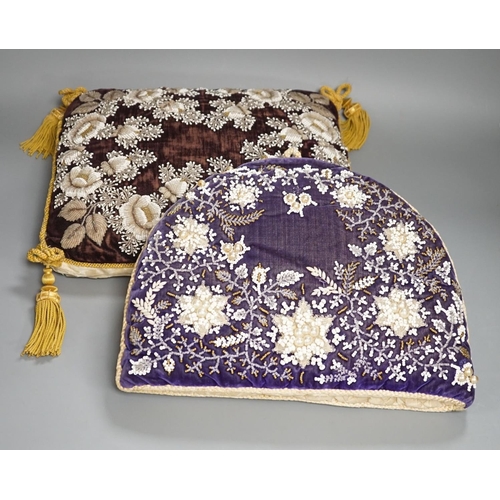 1364 - A 19th century Berlin bead worked tea cosy on purple velvet with a similar cushion,Cushion 36 cms wi... 