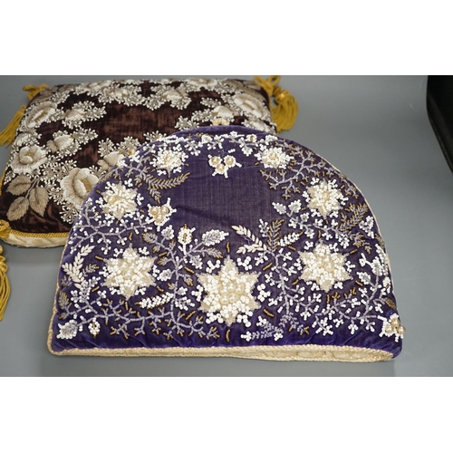 1364 - A 19th century Berlin bead worked tea cosy on purple velvet with a similar cushion,Cushion 36 cms wi... 