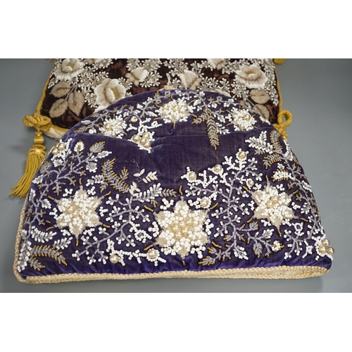 1364 - A 19th century Berlin bead worked tea cosy on purple velvet with a similar cushion,Cushion 36 cms wi... 