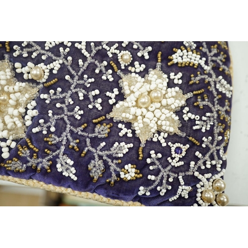 1364 - A 19th century Berlin bead worked tea cosy on purple velvet with a similar cushion,Cushion 36 cms wi... 