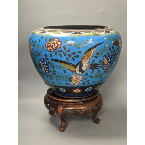 1377 - A large Japanese cloisonné enamel bowl on stand and a similar champleve enamel 2 handled vase,Cloiso... 