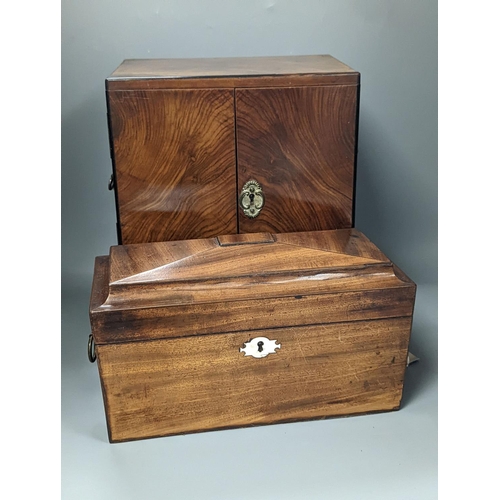 1383 - A 19th century mahogany tea caddy and a walnut  2 door smokers cabinet,Smokers cabinet 33 cms high.... 