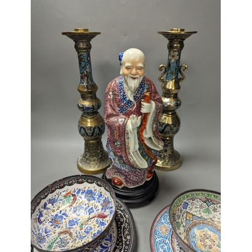 1386 - A Chinese porcelain figure of Shao Lao, a pair of Japanese bronze and champleve enamel candlesticks,... 