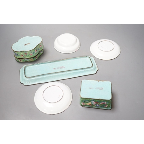 1389 - A group of Chinese Canton enamel dishes and two boxes and covers, 24cm