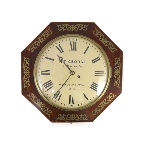 1406 - H.T. George, 358 King St, Hammersmith. A William IV octagonal rosewood dial clockwith single fusee m... 