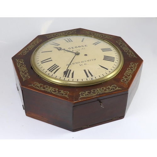 1406 - H.T. George, 358 King St, Hammersmith. A William IV octagonal rosewood dial clockwith single fusee m... 