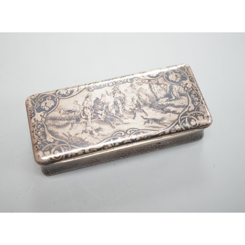 1810 - A 19th century French white metal and niello snuff box, 78mm, decorated with hunting scene.... 