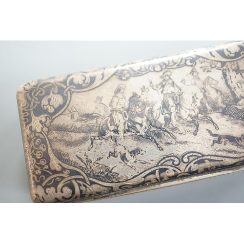 1810 - A 19th century French white metal and niello snuff box, 78mm, decorated with hunting scene.... 