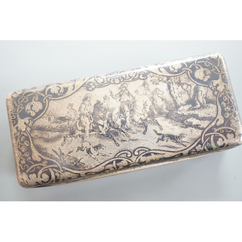 1810 - A 19th century French white metal and niello snuff box, 78mm, decorated with hunting scene.... 