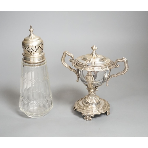 1820 - A George V silver mounted glass caster and a continental silver mustard pot frame (the latter a.f)... 