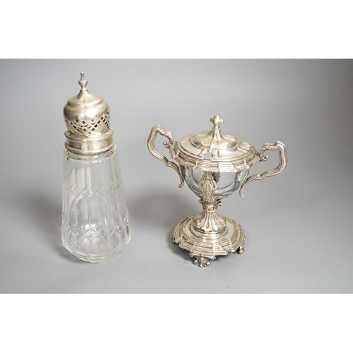 1820 - A George V silver mounted glass caster and a continental silver mustard pot frame (the latter a.f)... 