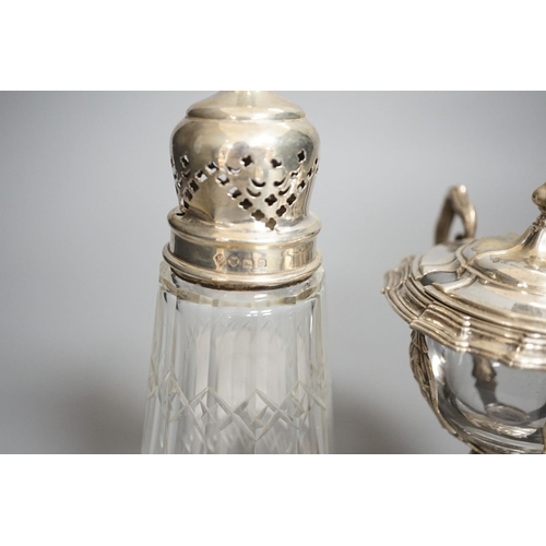 1820 - A George V silver mounted glass caster and a continental silver mustard pot frame (the latter a.f)... 