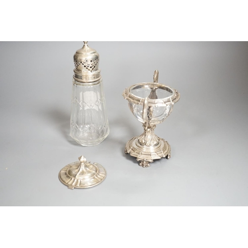 1820 - A George V silver mounted glass caster and a continental silver mustard pot frame (the latter a.f)... 