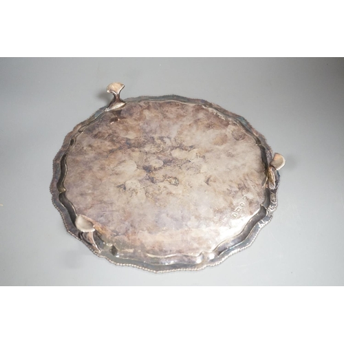 1827 - A George III silver salver, with gadrooned border, on three shell feet, Ebenezer Coker, London, 1773... 