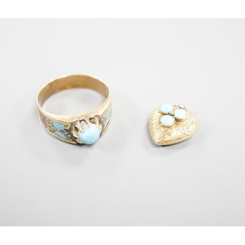 1884 - An antique yellow metal, turquoise and enamel set ring, size U/V, and a Victorian yellow metal and t... 