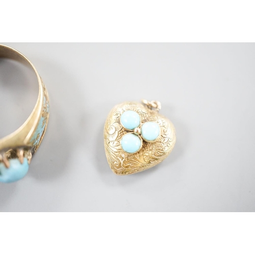 1884 - An antique yellow metal, turquoise and enamel set ring, size U/V, and a Victorian yellow metal and t... 