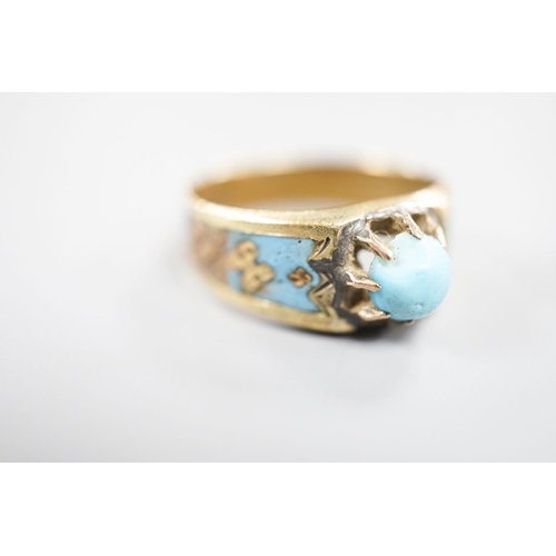 1884 - An antique yellow metal, turquoise and enamel set ring, size U/V, and a Victorian yellow metal and t... 