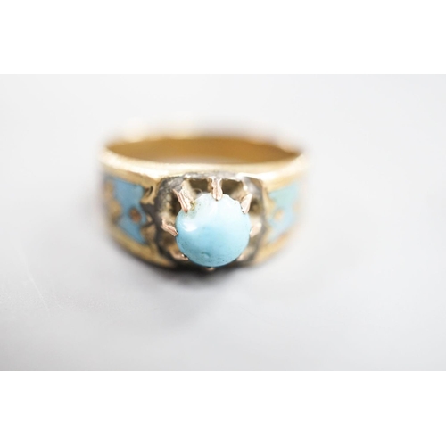 1884 - An antique yellow metal, turquoise and enamel set ring, size U/V, and a Victorian yellow metal and t... 