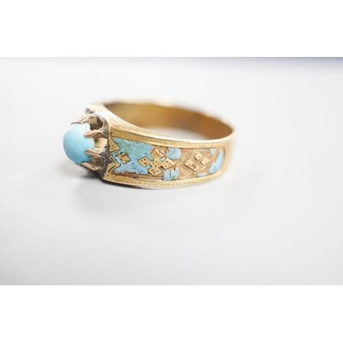 1884 - An antique yellow metal, turquoise and enamel set ring, size U/V, and a Victorian yellow metal and t... 