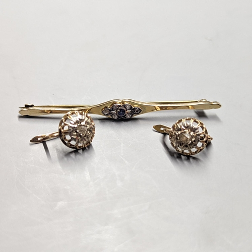 1958 - A pair of yellow metal and solitaire illusion set rose cut diamond earrings, 10mm and a 15ct, sapphi... 