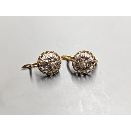 1958 - A pair of yellow metal and solitaire illusion set rose cut diamond earrings, 10mm and a 15ct, sapphi... 