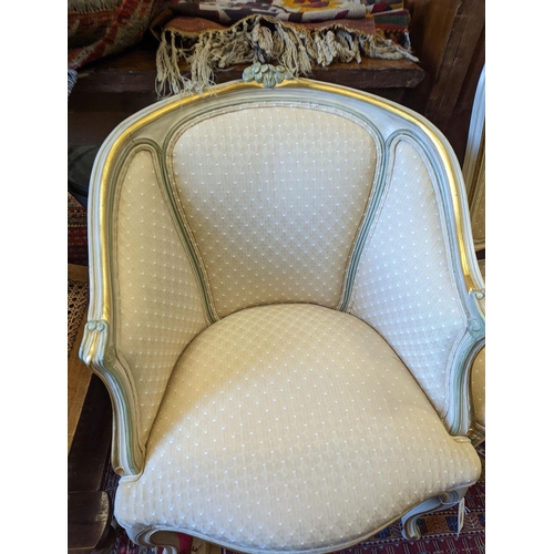 1085 - A Louis XVI style painted upholstered tub chair and a similar side chair