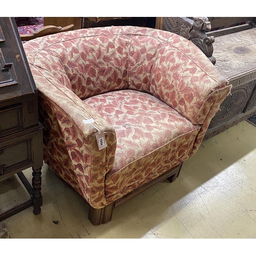 1100 - An Art Deco upholstered walnut large tub framed chair in the style of Betty Joel, width 102cm, depth... 