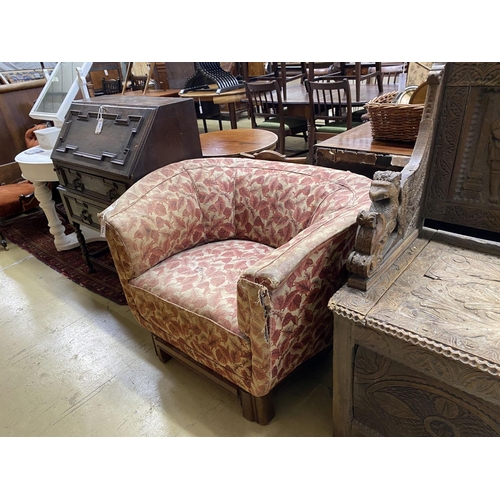 1100 - An Art Deco upholstered walnut large tub framed chair in the style of Betty Joel, width 102cm, depth... 
