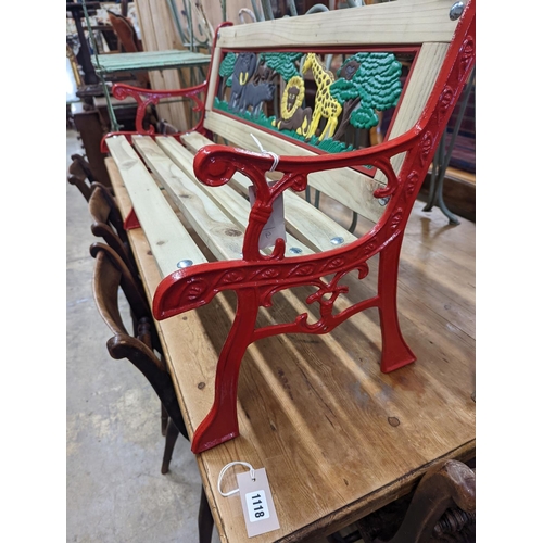 1117 - A painted metal child's garden bench, width 85cm, height 52cm