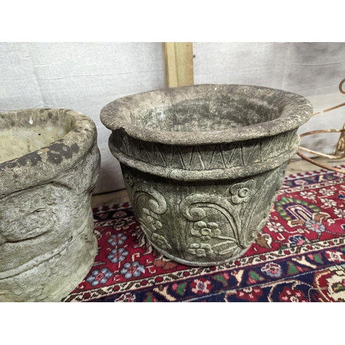 11 - A reconstituted stone garden plinth, height 79cm, together with two circular garden planters, larger... 