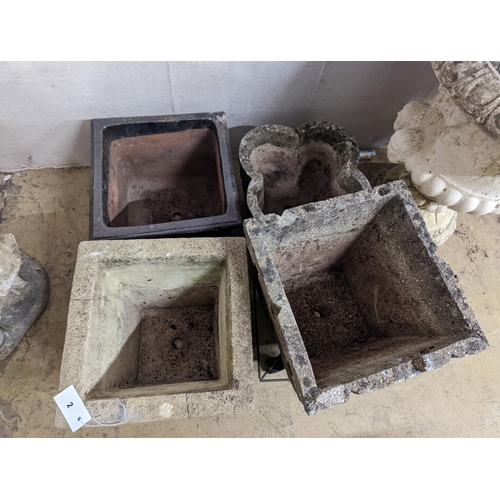 2 - Three reconstituted stone garden planters and a terracotta planter, largest width 36cm, height 35cm... 