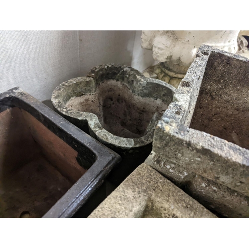 2 - Three reconstituted stone garden planters and a terracotta planter, largest width 36cm, height 35cm... 