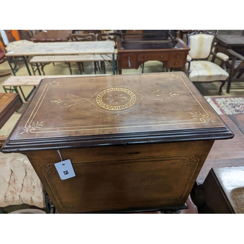 29 - A late Victorian inlaid walnut enclosed Canterbury, width 48cm, depth 31cm, height 68cm