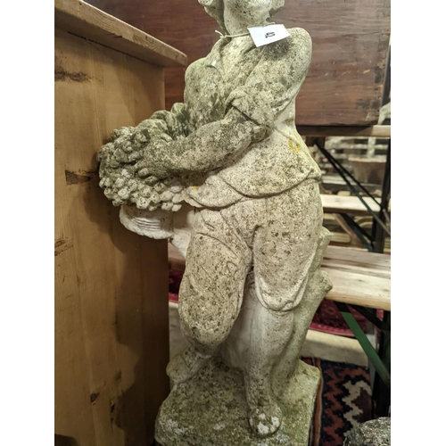 42 - Four reconstituted stone garden ornaments modelled as a flower seller, height 102cm, hare, seal and ... 