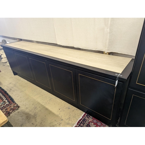9 - A 20th century black lacquer four door buffet with reconstituted marble top, width 281cm, depth 50cm... 