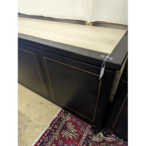 9 - A 20th century black lacquer four door buffet with reconstituted marble top, width 281cm, depth 50cm... 