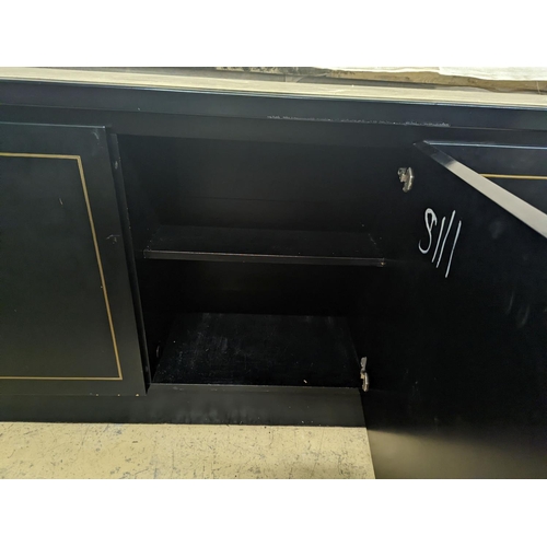 9 - A 20th century black lacquer four door buffet with reconstituted marble top, width 281cm, depth 50cm... 