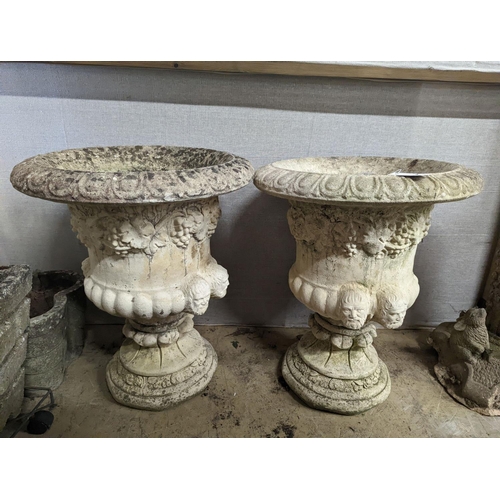4 - A pair of reconstituted stone campana garden urns, diameter 54cm, height 64cm