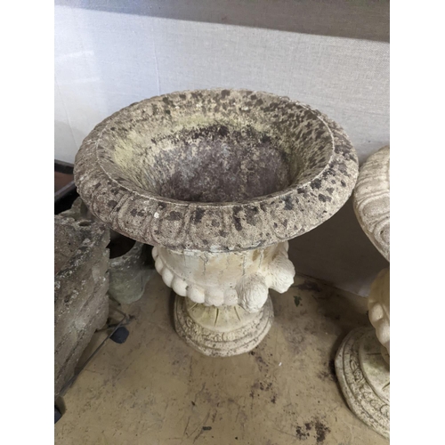 4 - A pair of reconstituted stone campana garden urns, diameter 54cm, height 64cm